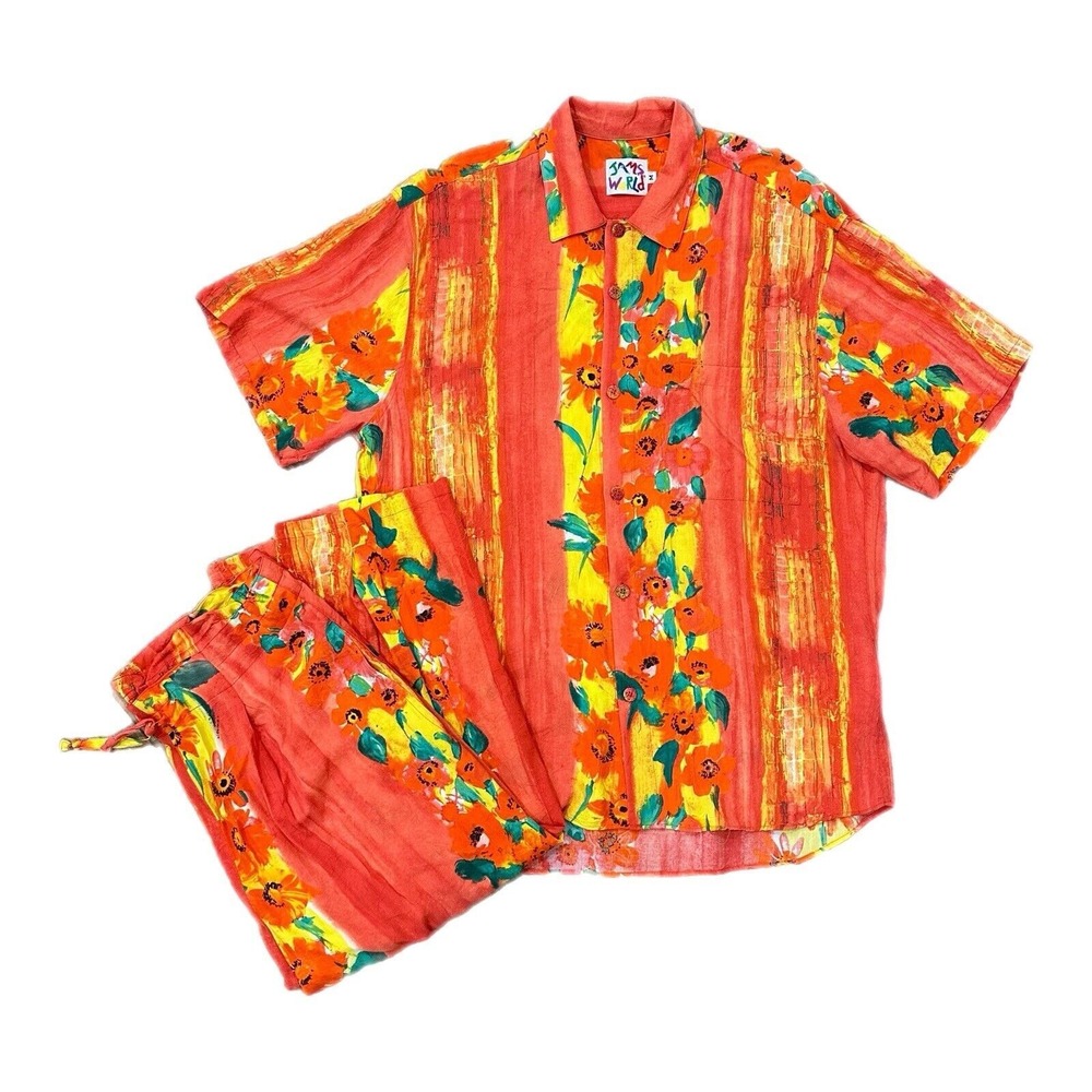 Vintage‎ Jams World Set Womens M Floral Rayon Fire Daisy Hawaiian 90s Suit